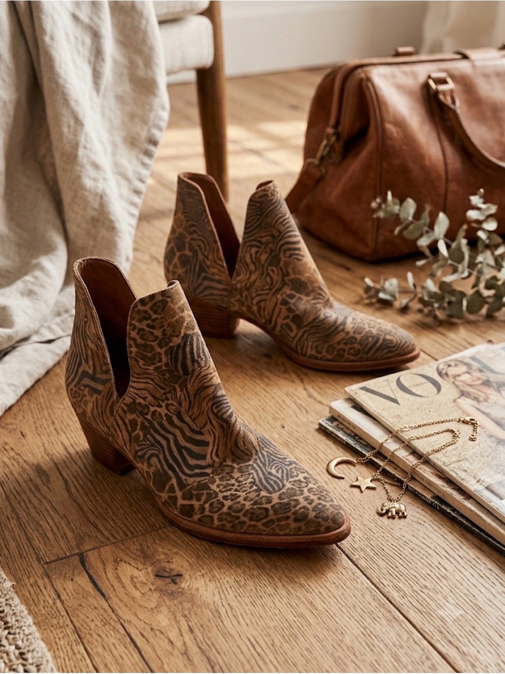 Women’s Brown Patterned Suede Ankle Boots